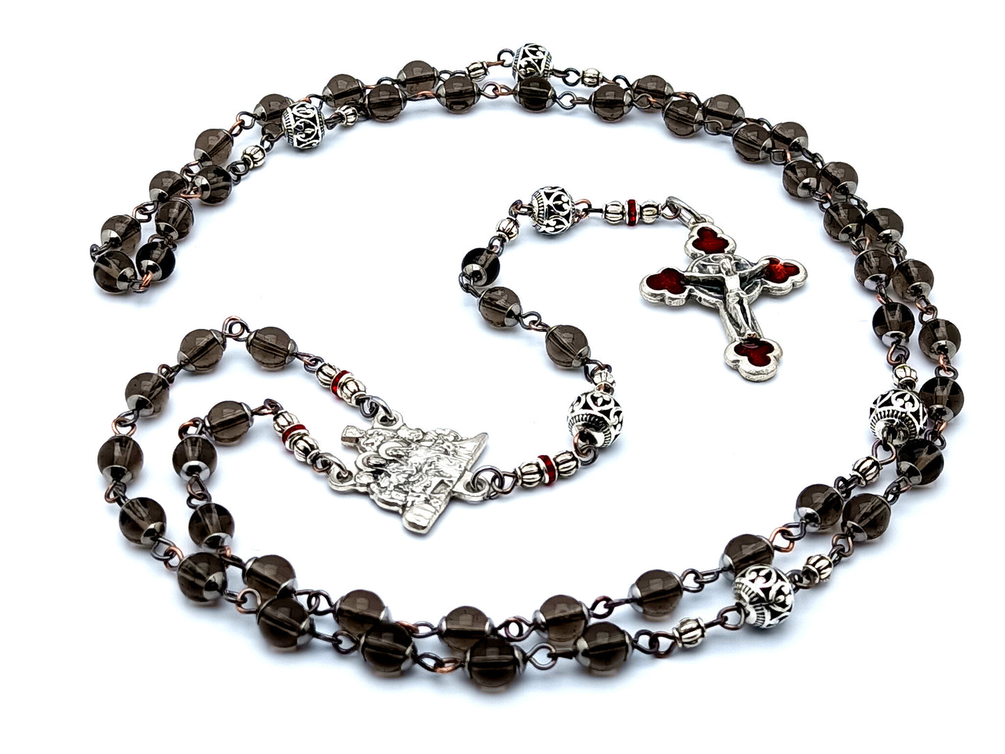The Nativity of Baby Jesus unique rosary beads with Tibetan silver and glass beads and red enamel rose crucifix.