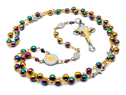 Saint Benedict and Miraculous medal unique rosary beads with hematite gemstone beads and Saint Benedict stainless steel engraved crucifix.