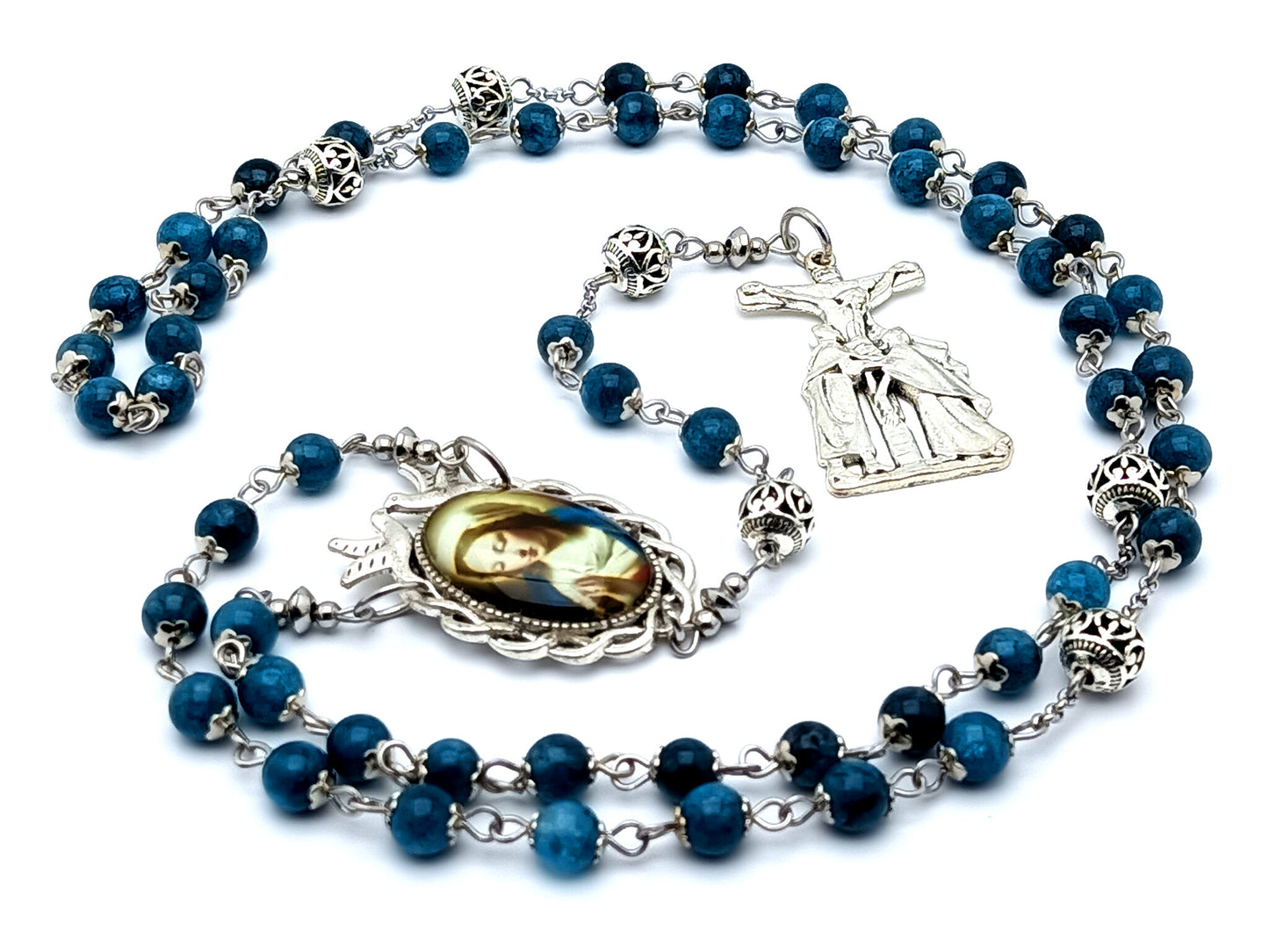 Our Lady of Sorrows unique rosary beads with apatite gemstone and Tibetan silver beads and Saint John and Mary at the foot of the Cross crucifix.