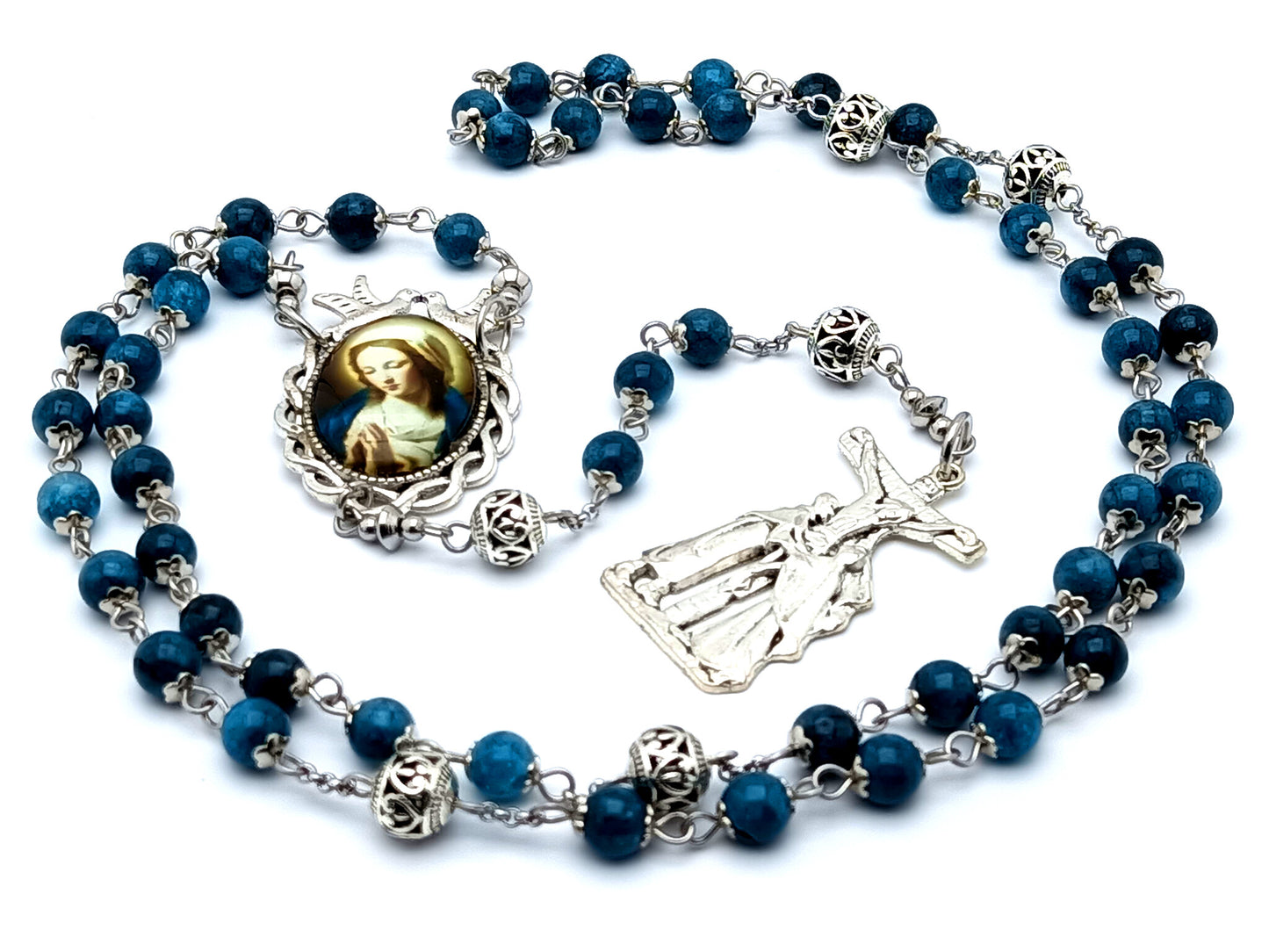 Our Lady of Sorrows unique rosary beads with apatite gemstone and Tibetan silver beads and Saint John and Mary at the foot of the Cross crucifix.
