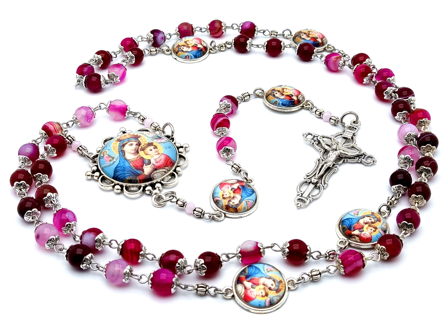 Our Lady of Perpetual Help unique rosary beads with agate gemstone beads and Our Lady of Perpetual Succor linking medals and filigree crucifix.