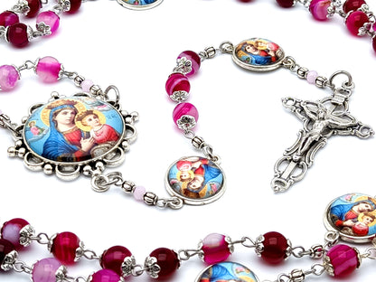 Our Lady of Perpetual Help unique rosary beads with agate gemstone beads and Our Lady of Perpetual Succor linking medals and filigree crucifix.