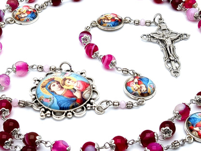 Our Lady of Perpetual Help unique rosary beads with agate gemstone beads and Our Lady of Perpetual Succor linking medals and filigree crucifix.