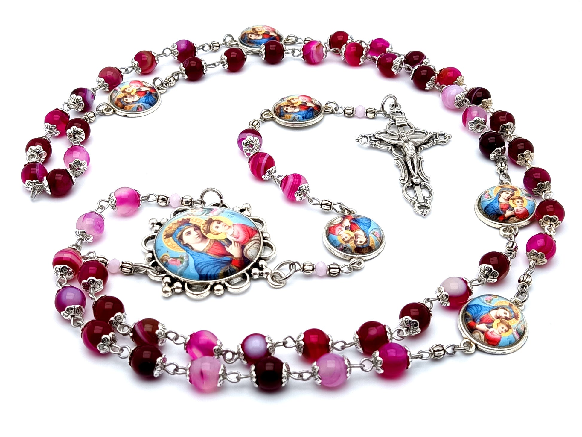 Our Lady of Perpetual Help unique rosary beads with agate gemstone beads and Our Lady of Perpetual Succor linking medals and filigree crucifix.