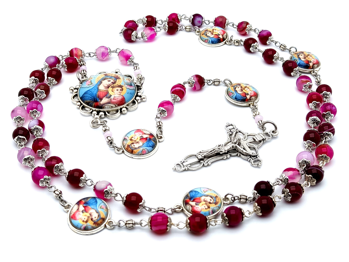 Our Lady of Perpetual Help unique rosary beads with agate gemstone beads and Our Lady of Perpetual Succor linking medals and filigree crucifix.