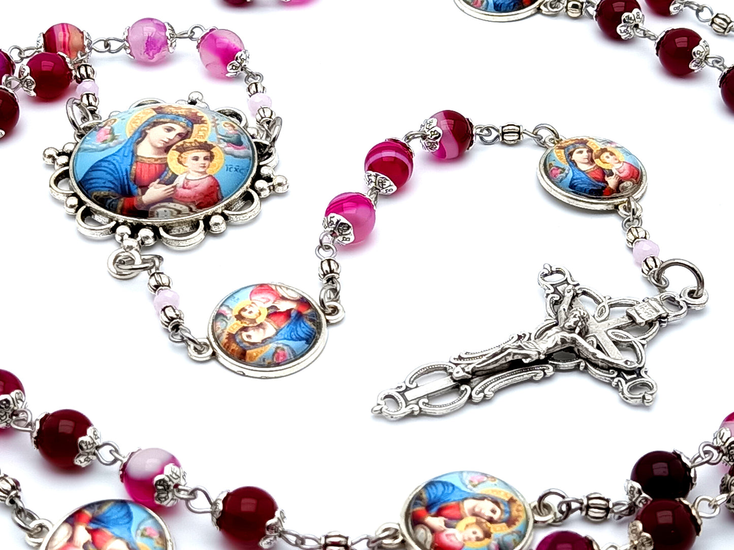 Our Lady of Perpetual Help unique rosary beads with agate gemstone beads and Our Lady of Perpetual Succor linking medals and filigree crucifix.