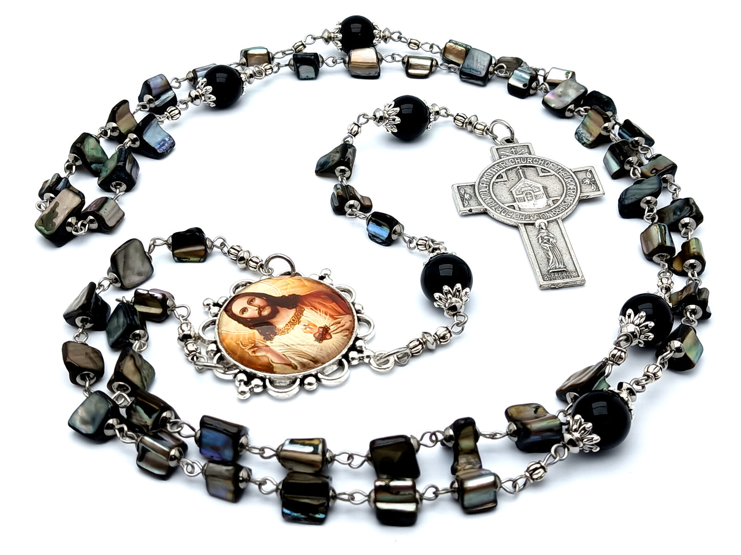 Sacred Heart of Jesus unique rosary beads with shell and onyx gemstone beads and Saint Francis Portuncula Mother church cross with blessing prayer.