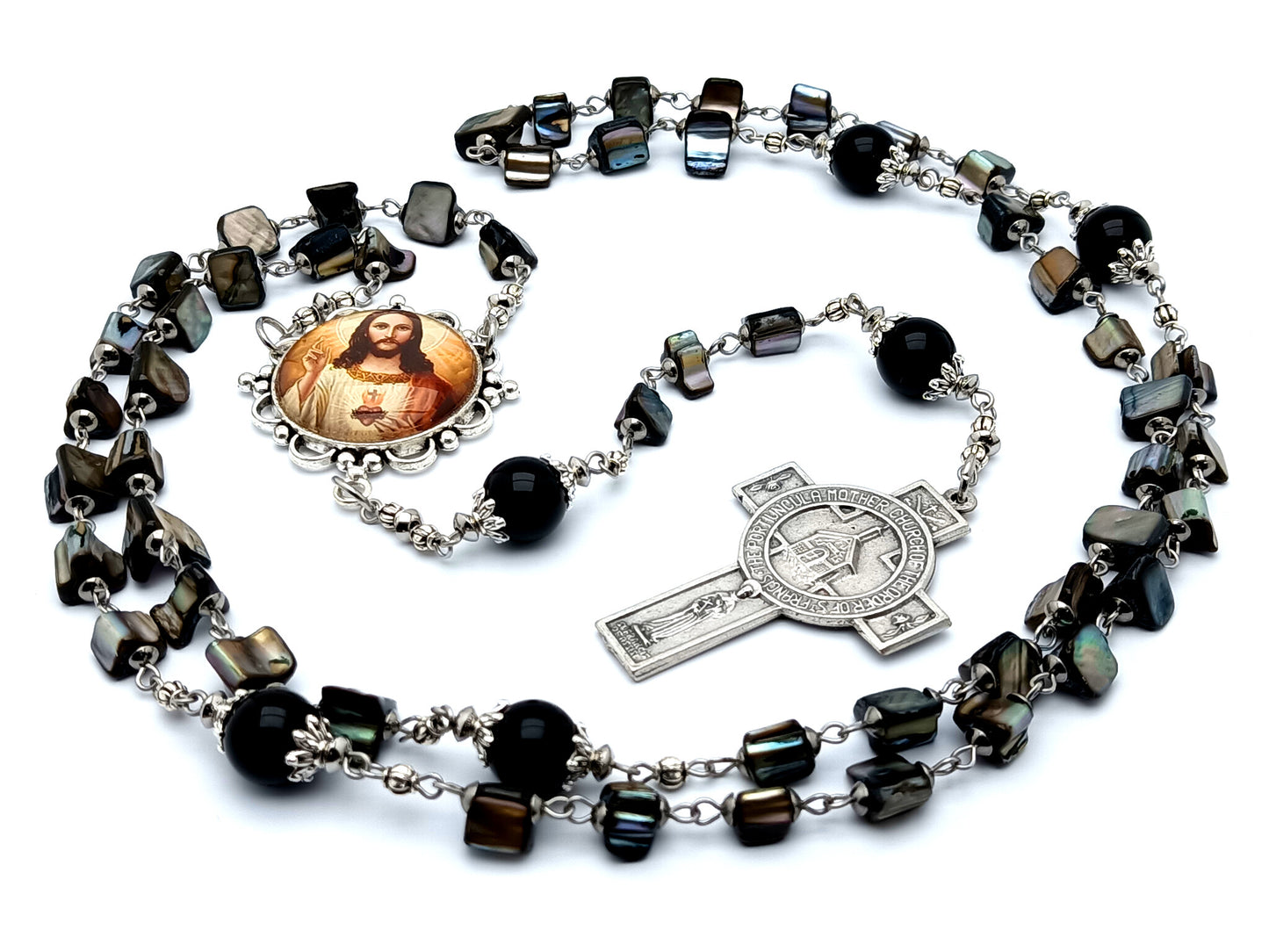 Sacred Heart of Jesus unique rosary beads with shell and onyx gemstone beads and Saint Francis Portuncula Mother church cross with blessing prayer.