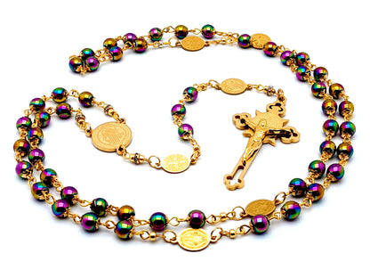 Saint Benedict unique rosary beads with hematite gemstone  beads and gold plated Saint Benedict stainless steel engraved crucifix.