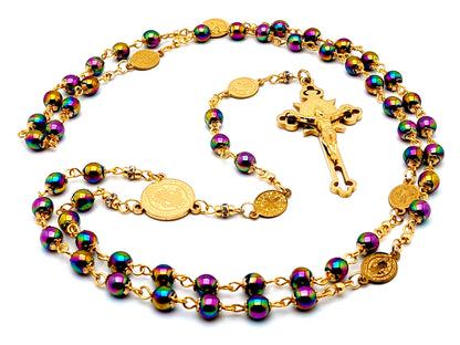 Saint Benedict unique rosary beads with hematite gemstone  beads and gold plated Saint Benedict stainless steel engraved crucifix.