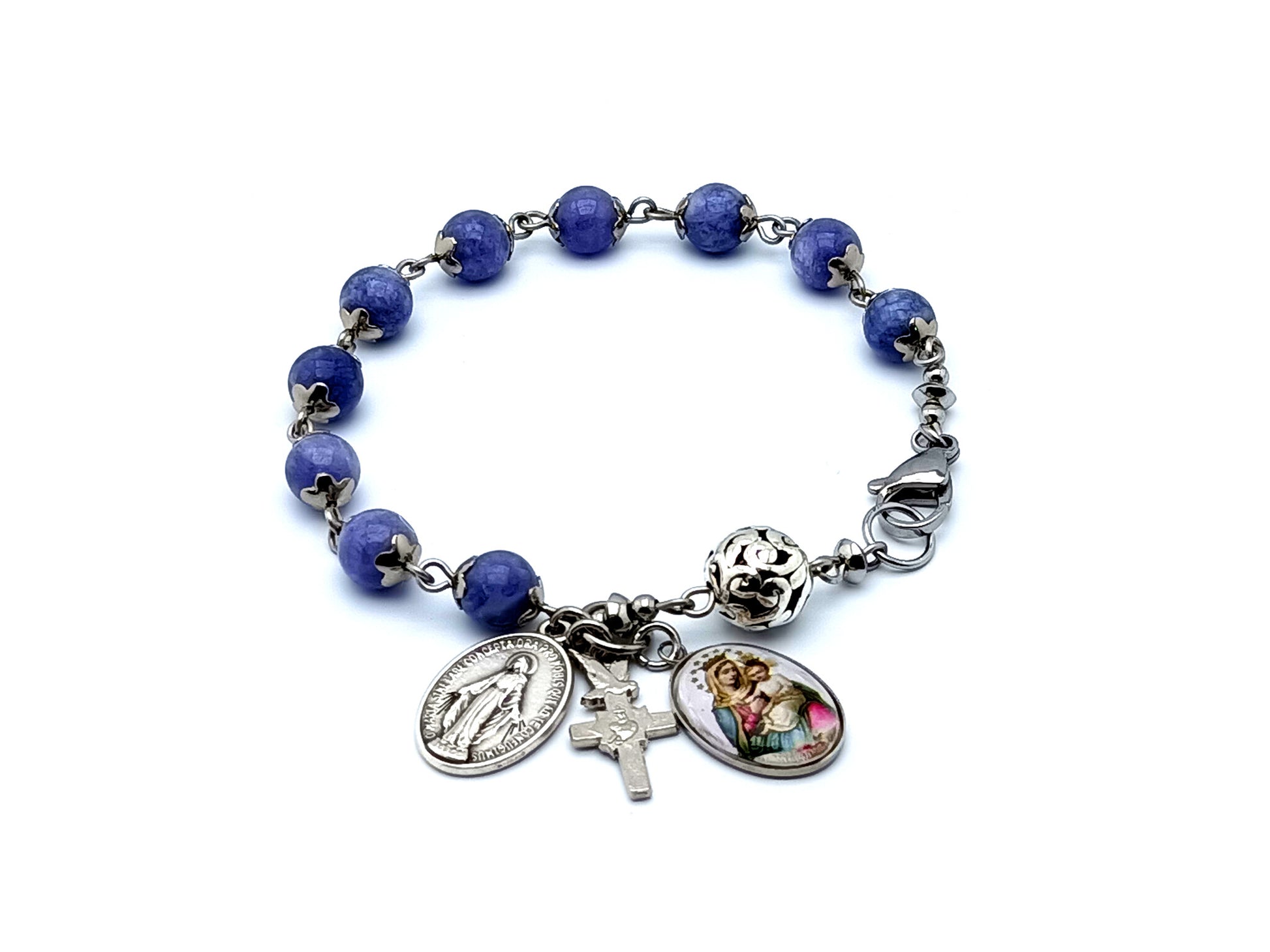 Our Lady of Mount Carmel unique rosary beads single decade rosary bracelet with amethyst and silver beads and miraculous medal.