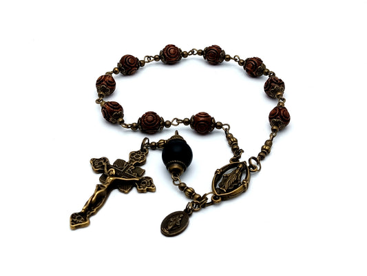Our Lady of Grace unique rosary beads single decade rosary vintage style wooden beads and brass medal and crucifix.
