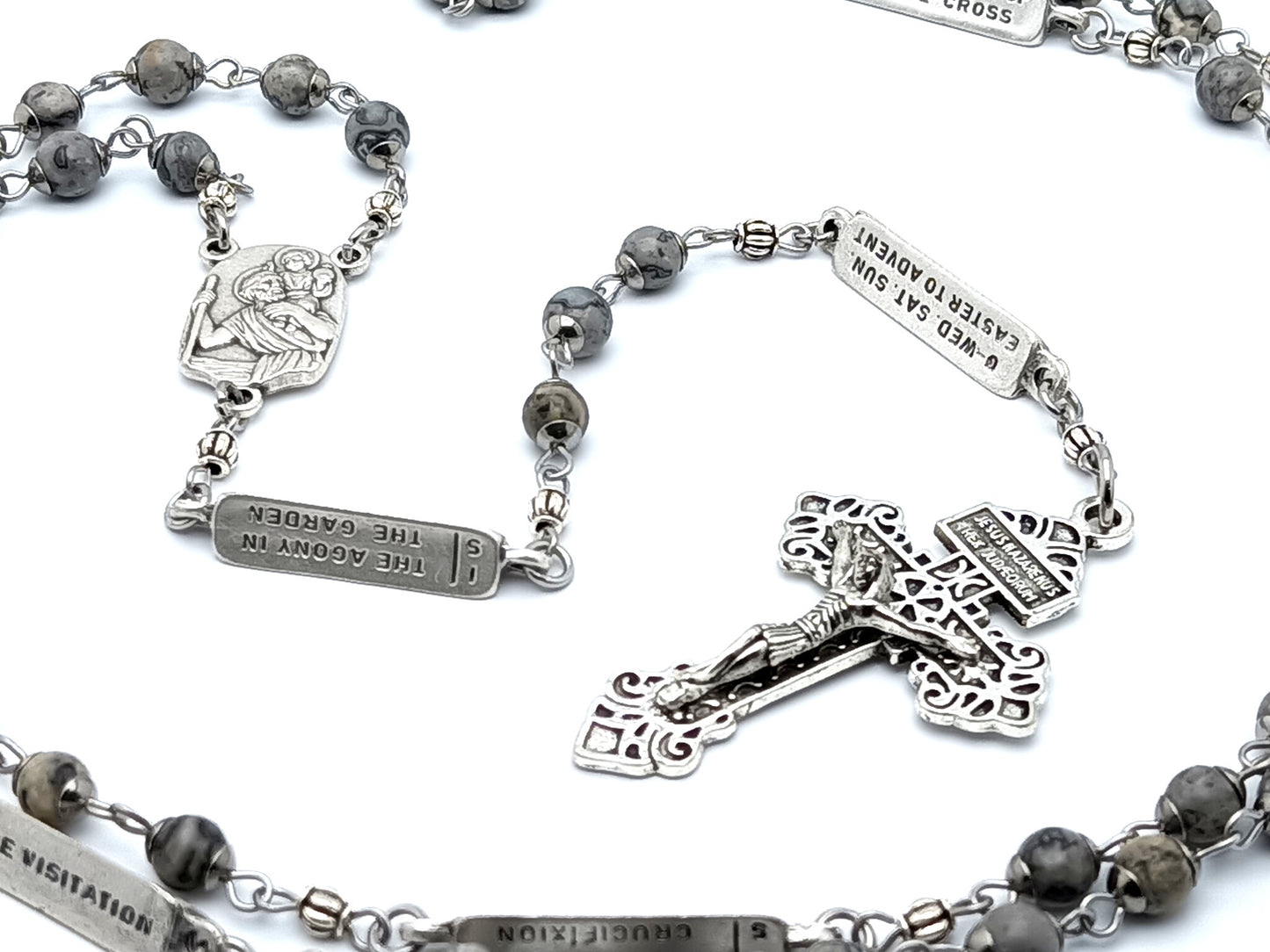 Saint Christopher unique rosary beads with jasper gemstone beads and decade of the rosary linking medals and silver pardon crucifix.