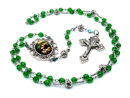 Virgin Mary and child Jesus unique rosary beads with faceted glass beads and silver pardon crucifix.