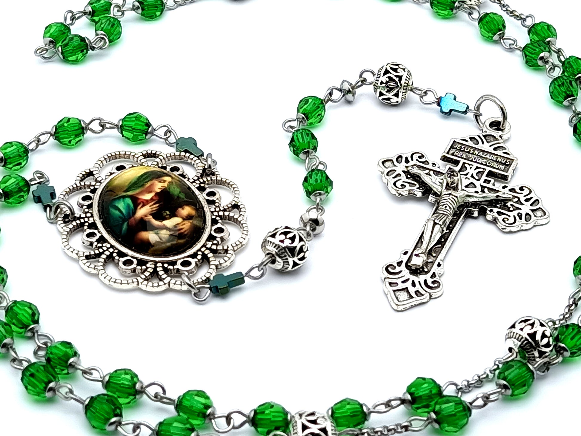 Virgin Mary and child Jesus unique rosary beads with faceted glass beads and silver pardon crucifix.