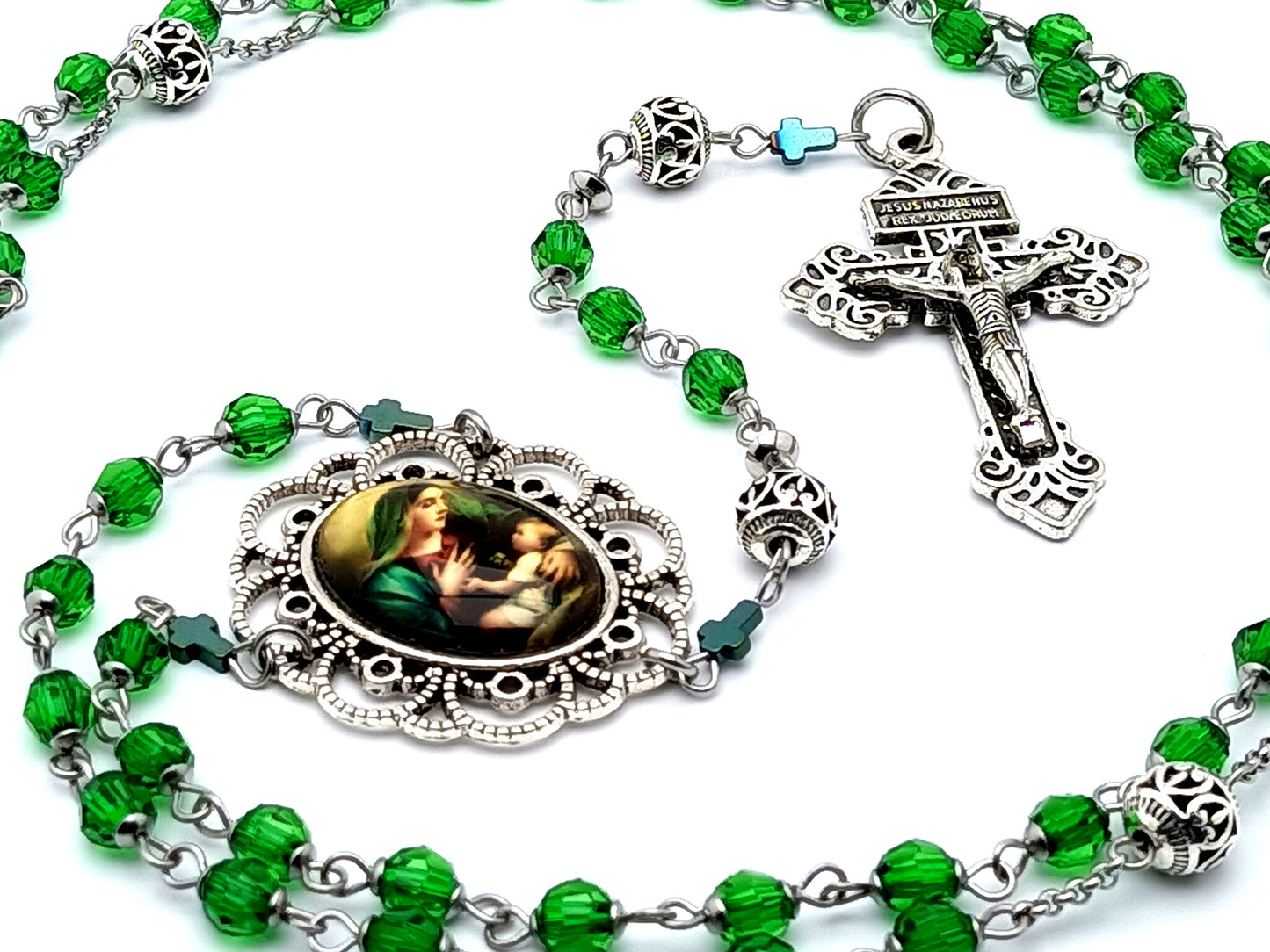 Virgin Mary and child Jesus unique rosary beads with faceted glass beads and silver pardon crucifix.