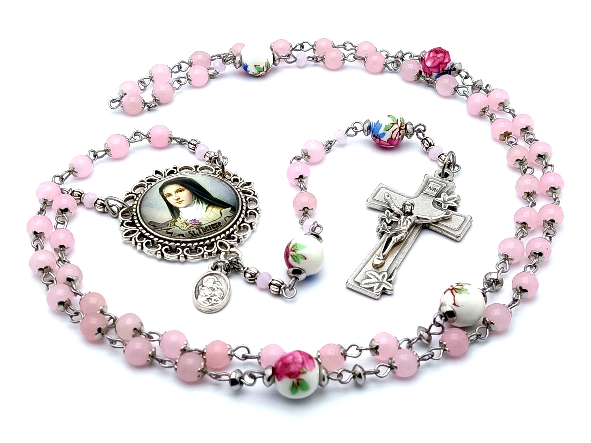 St Therese online de Liseaux Rosary with Rose Quartz