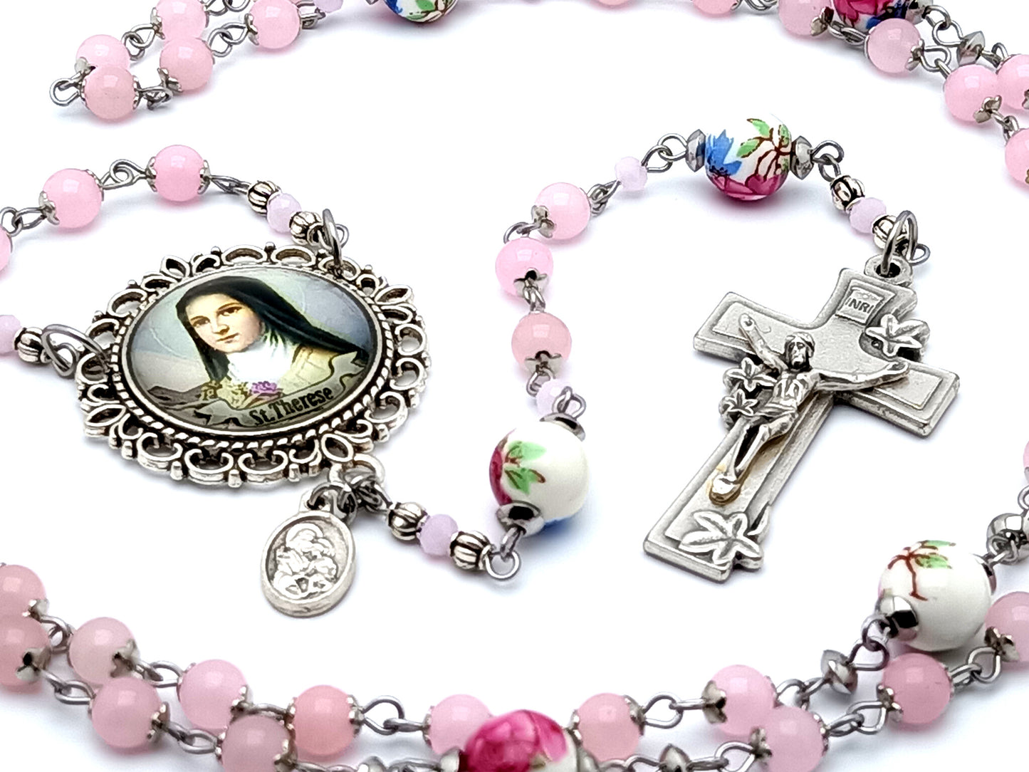 Saint Therese of Lisieux unique rosary beads with rose quartz gemstone and porcelain beads and silver lily crucifix.