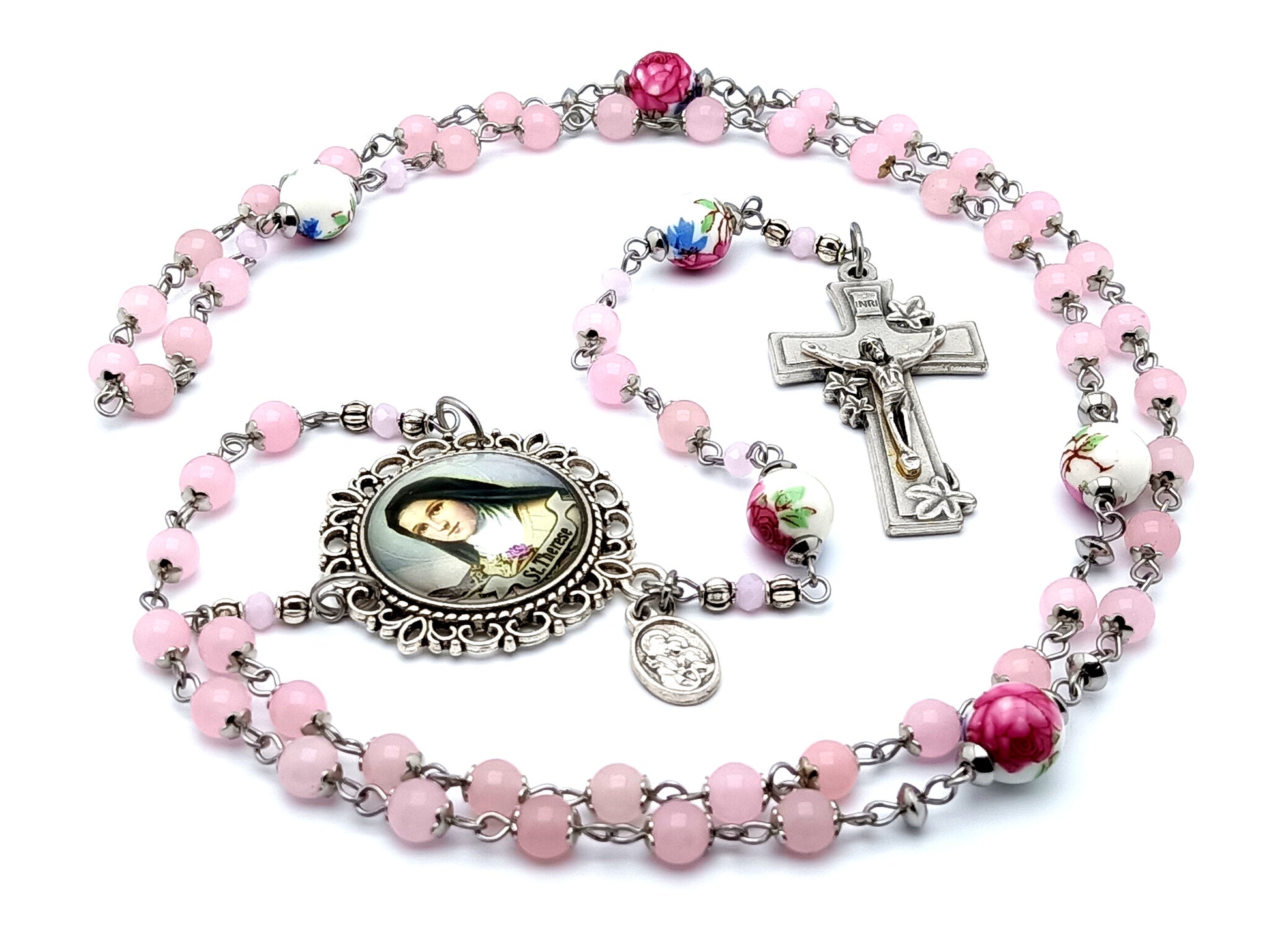 Saint Therese of Lisieux unique rosary beads with rose quartz gemstone and porcelain beads and silver lily crucifix.