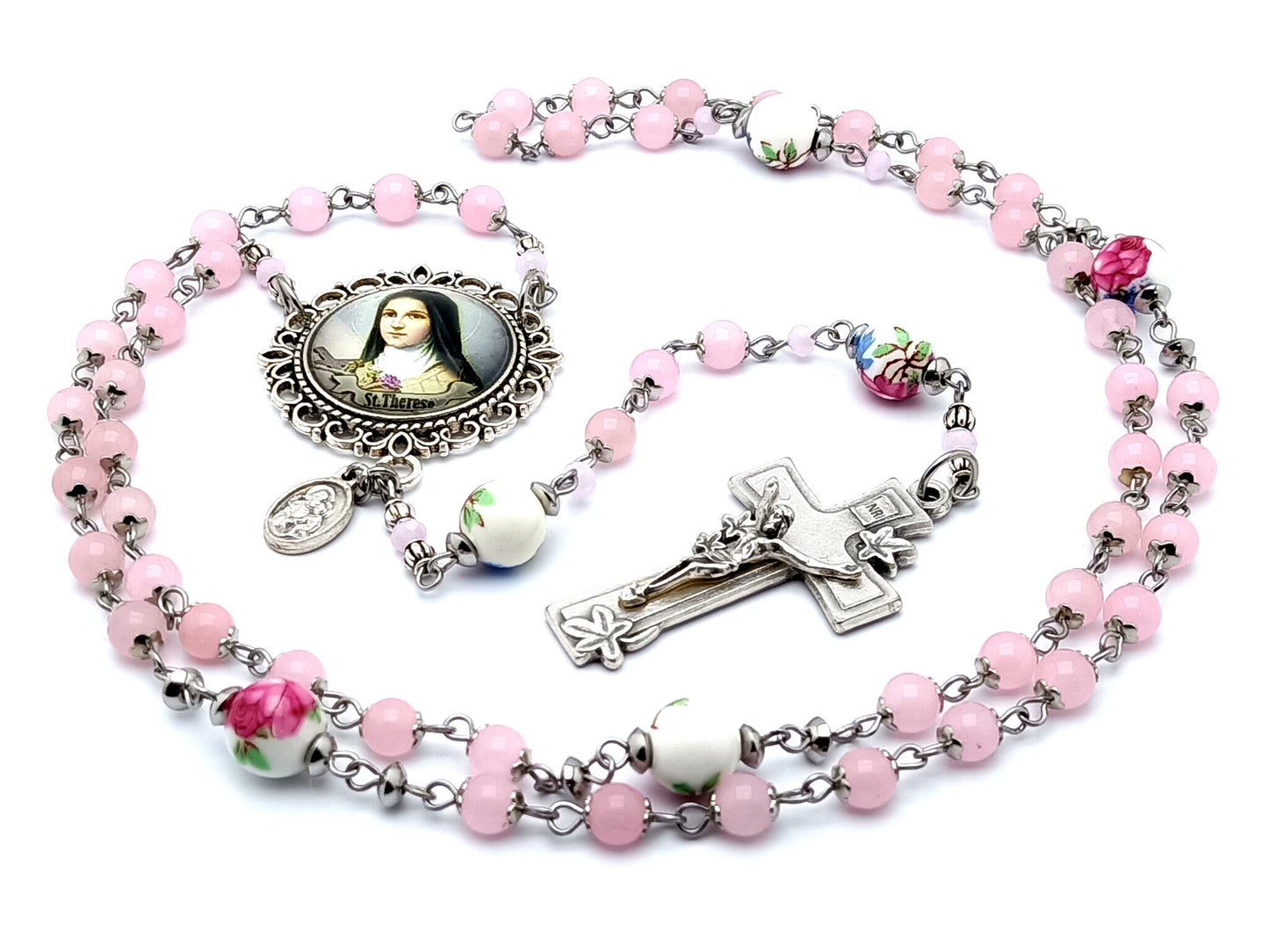 Saint Therese of Lisieux unique rosary beads with rose quartz gemstone and porcelain beads and silver lily crucifix.