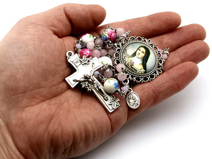 Saint Therese of Lisieux unique rosary beads with rose quartz gemstone and porcelain beads and silver lily crucifix.