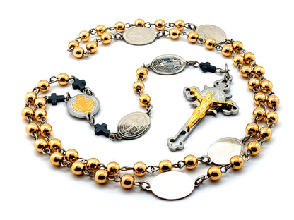 Saint Benedict unique rosary beads with hematite gemstone beads and Saint Benedict linking medals and Saint Benedict stainless steel engraved crucifix.