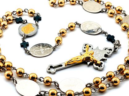 Saint Benedict unique rosary beads with hematite gemstone beads and Saint Benedict linking medals and Saint Benedict stainless steel engraved crucifix.