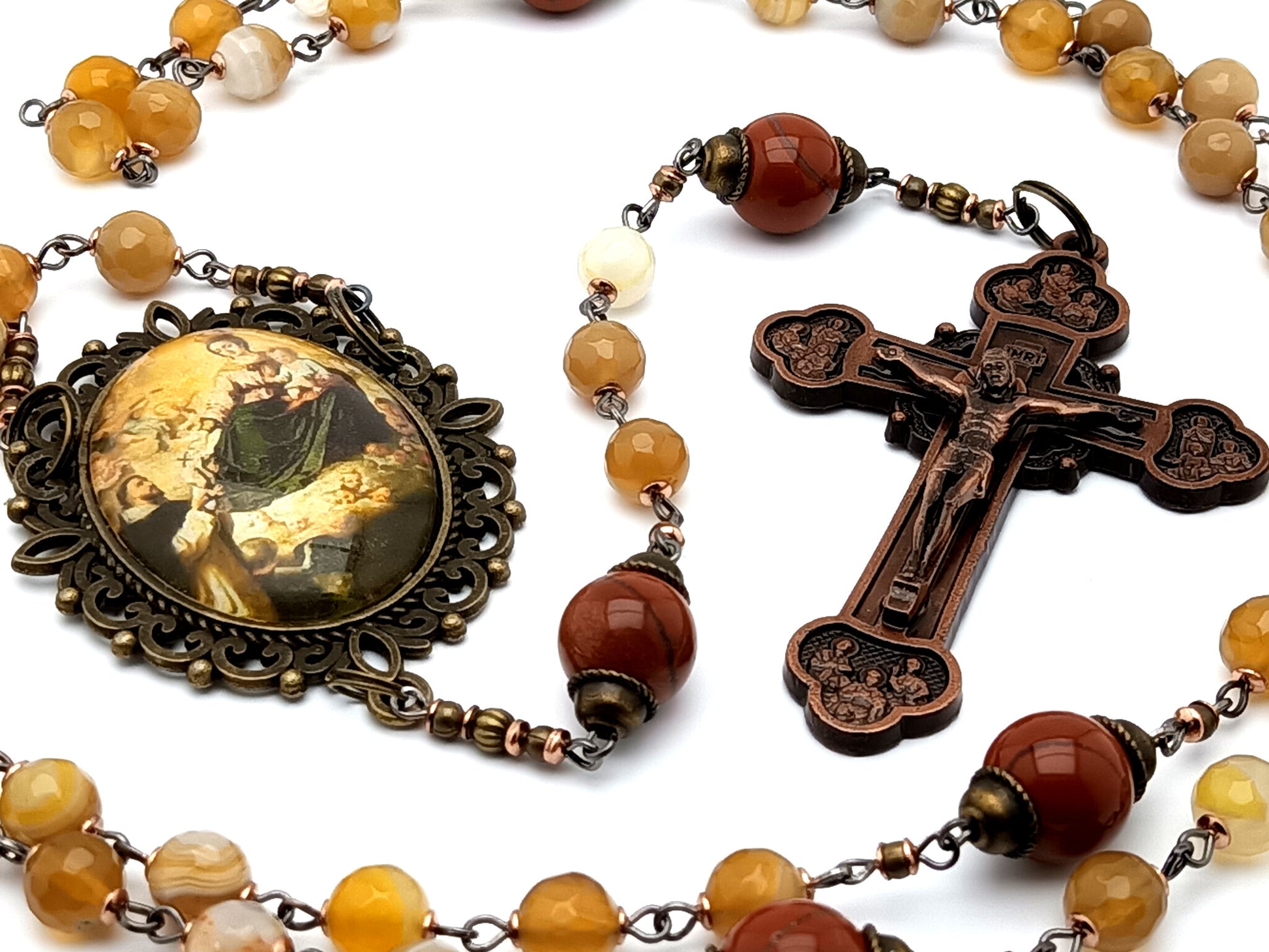 Our Lady of The Rosary and Saint Simon Stock unique rosary beads with agate gemstone beads and Twelve Apostles copper crucifix.