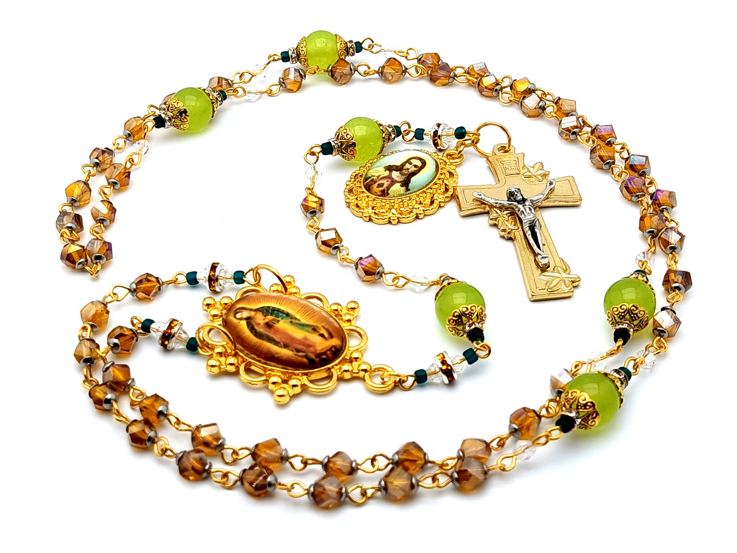 Our Lady of Guadalupe unique rosary beads with glass and gemstone beads and Sacred Heart gold medal and lily crucifix.