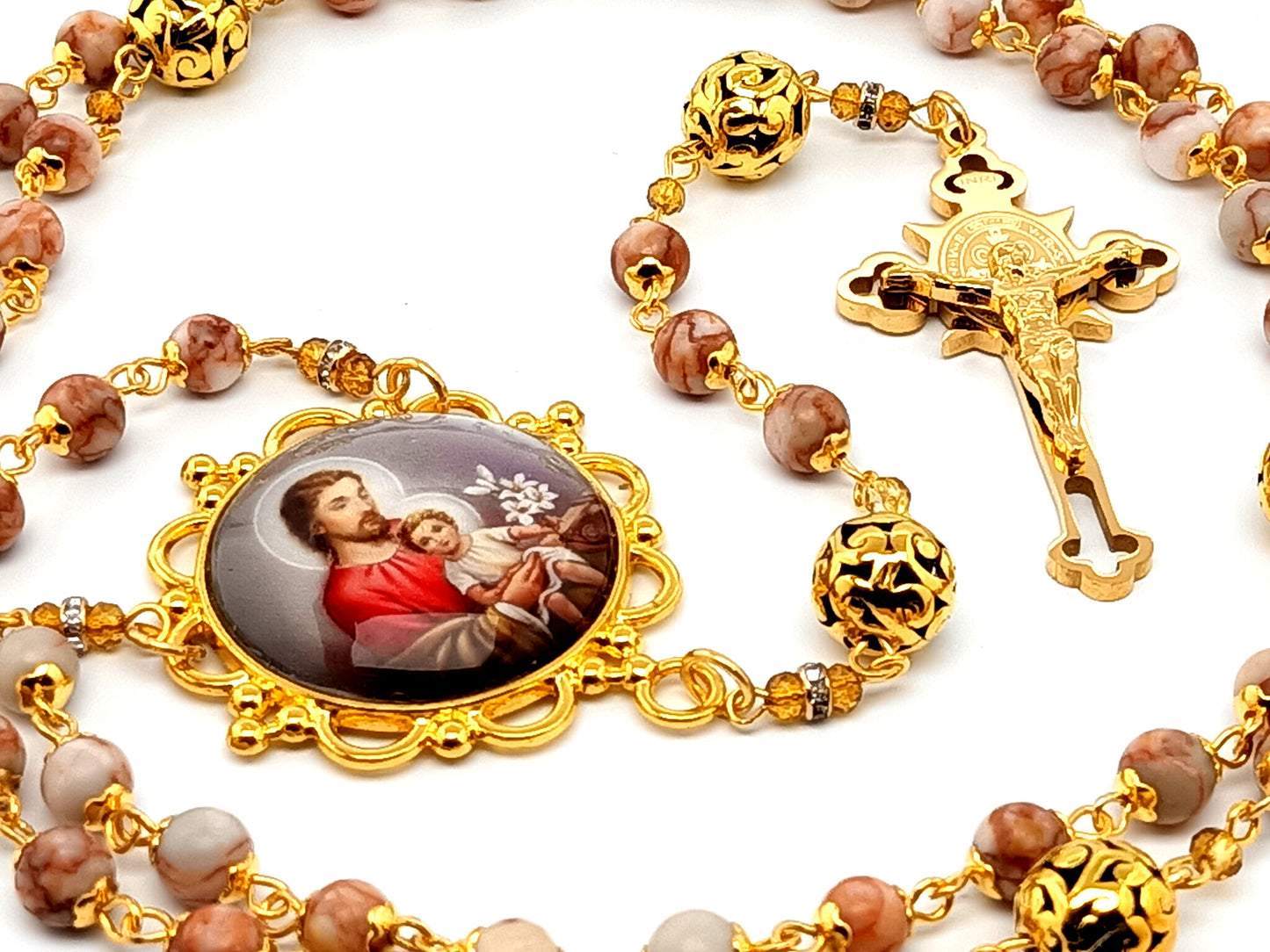 Saint Joseph unique rosary beads with dragons vein gemstone beads and gold engraved Saint Benedict crucifix.