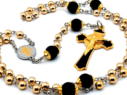 Saint Benedict unique rosary beads with hematite and onyx gemstone beads and stainless steel Saint Benedict center and crucifix.