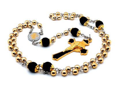 Saint Benedict unique rosary beads with hematite and onyx gemstone beads and stainless steel Saint Benedict center and crucifix.