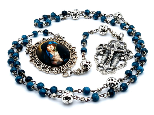 Our Lady of Sorrows unique rosary beads with apatite gemstone and filigree silver beads and two angel crucifix.