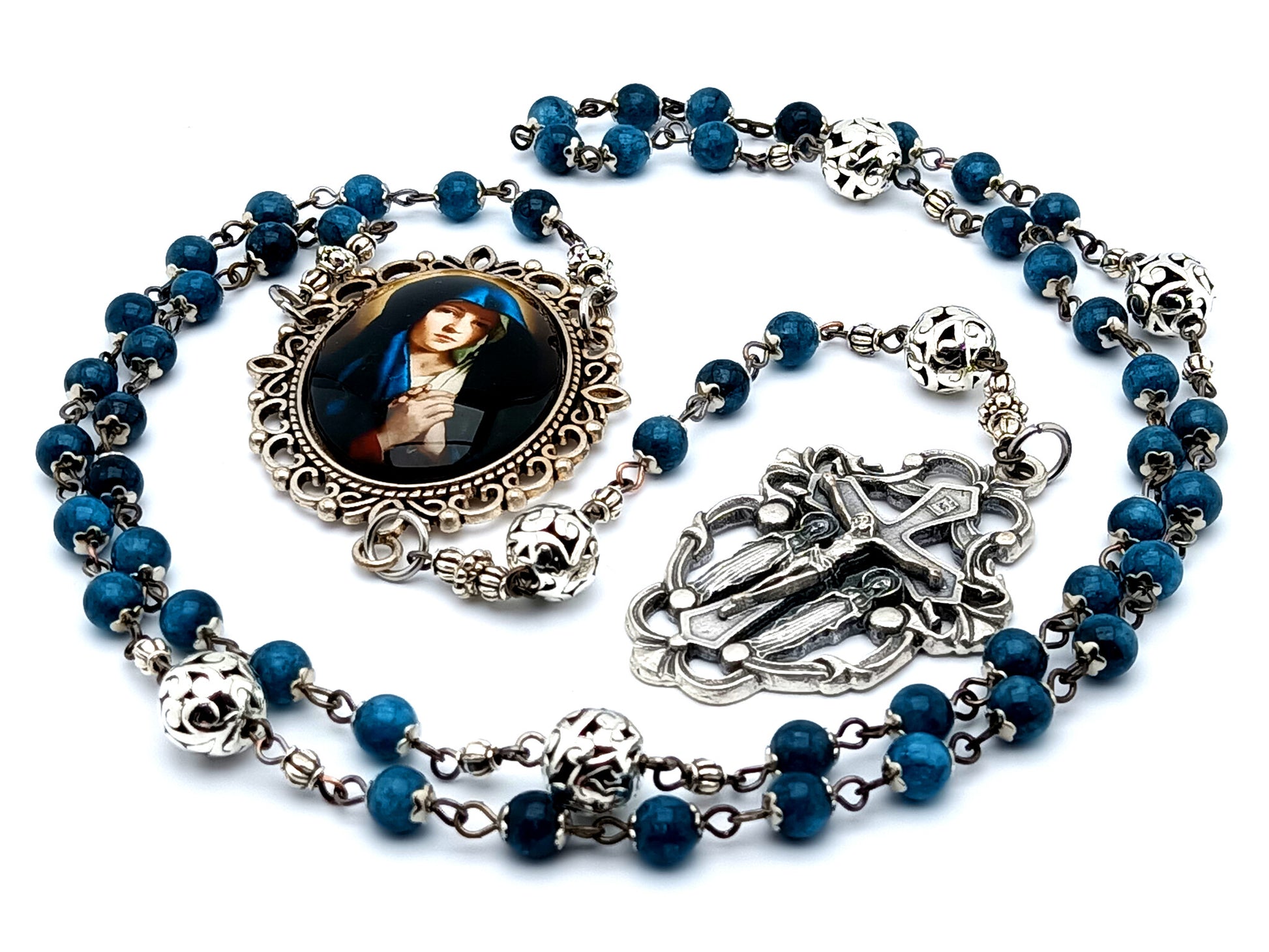 Our Lady of Sorrows unique rosary beads with apatite gemstone and filigree silver beads and two angel crucifix.