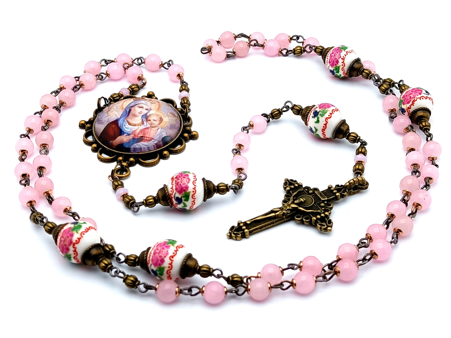 Our Lady of Perpetual help unique rosary beads with vintage style rose quartz gemstone and porcelain beads and a brass crucifix.