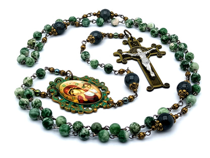 Our Lady of Perpetual Help unique rosary beads with vintage style jasper gemstone beads and brass Saint Benedict scroll crucifix.