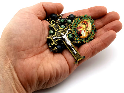 Our Lady of Perpetual Help unique rosary beads with vintage style jasper gemstone beads and brass Saint Benedict scroll crucifix.