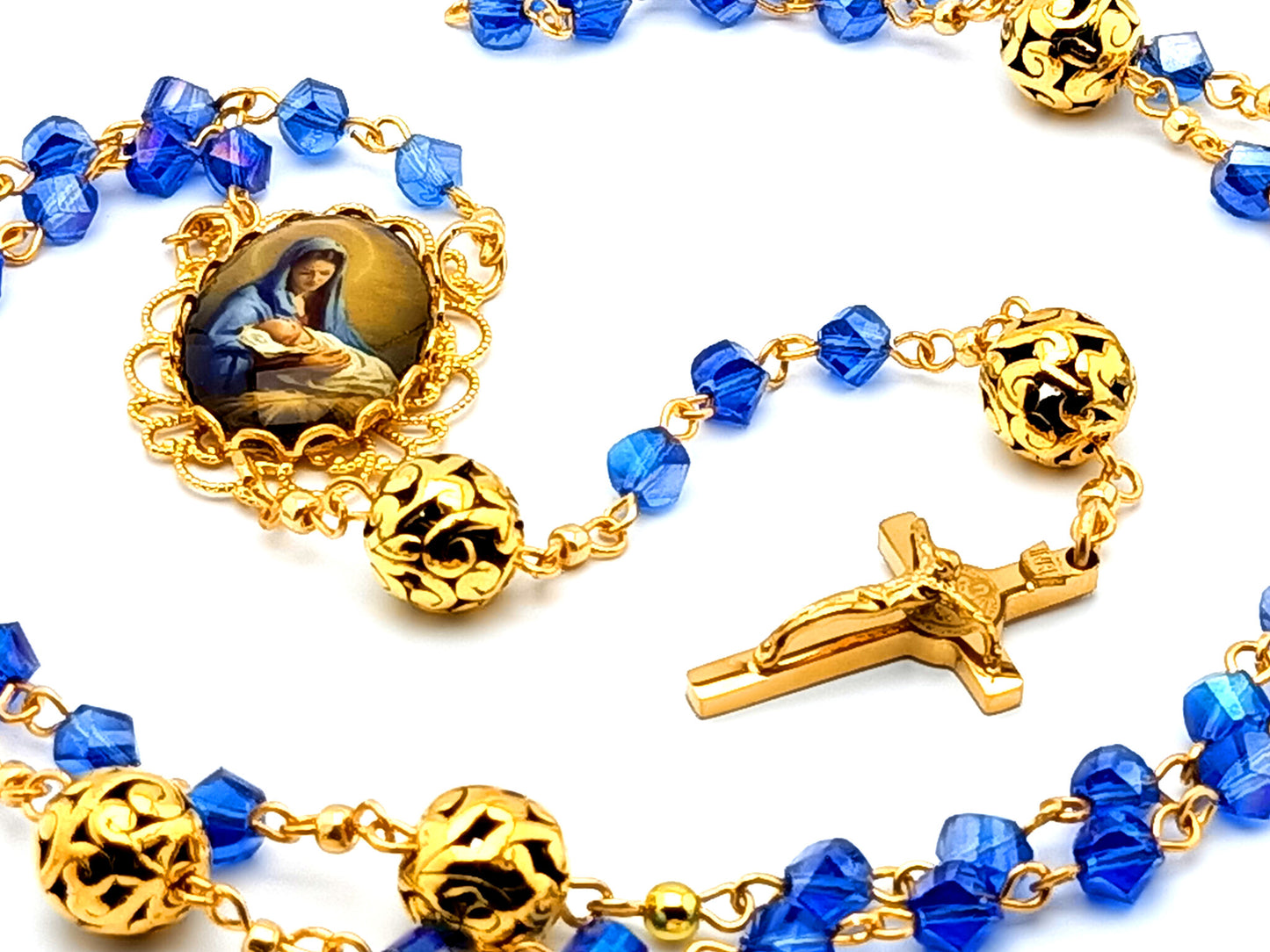 The Nativity of Baby Jesus unique rosary beads with blue glass and gold beads and gold plated stainless steel Saint Benedict crucifix.