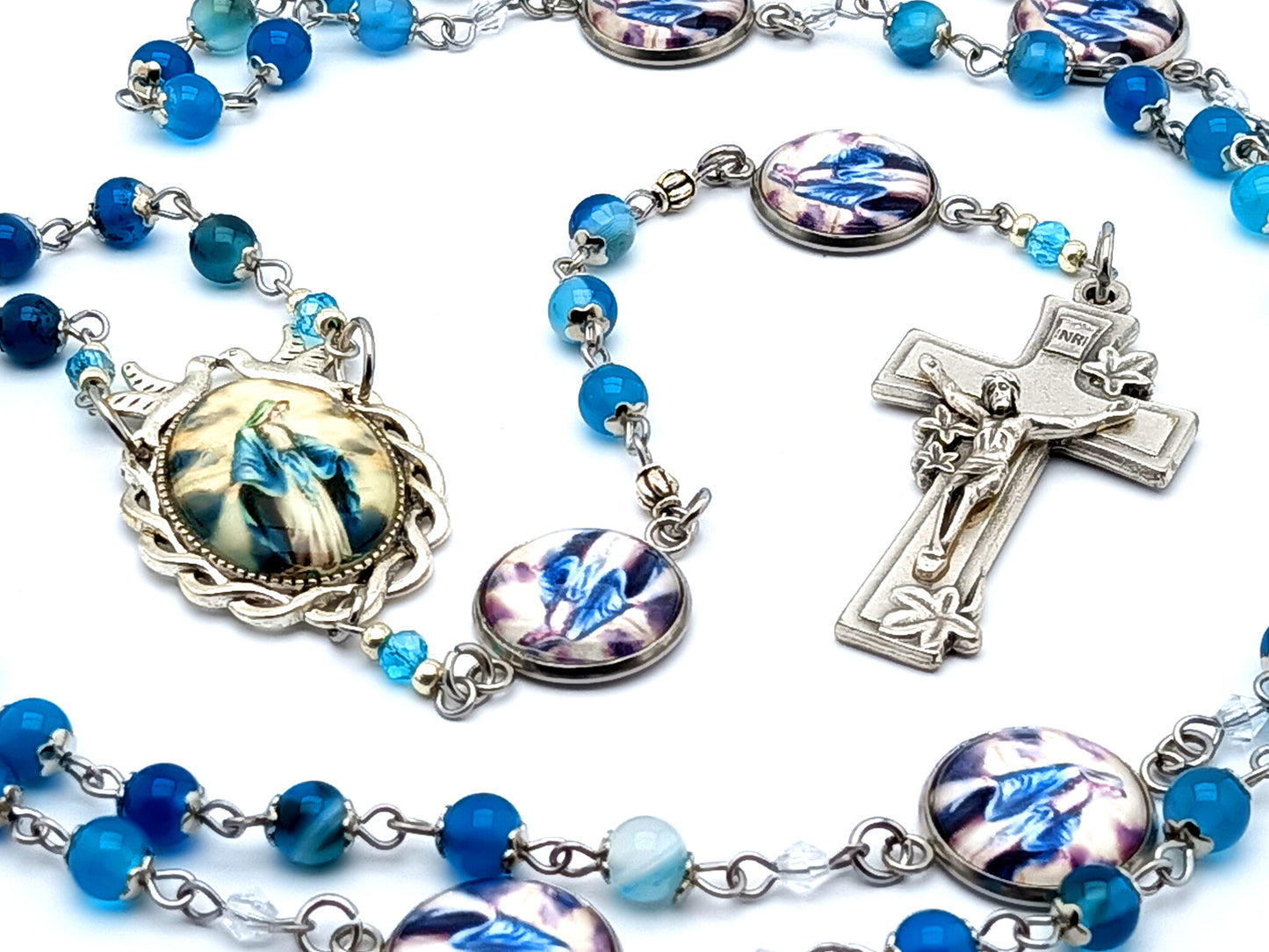 Our Lady of Grace unique rosary beads with agate gemstone  beads and Holy Spirit picture medal and lily of the valley crucifix.