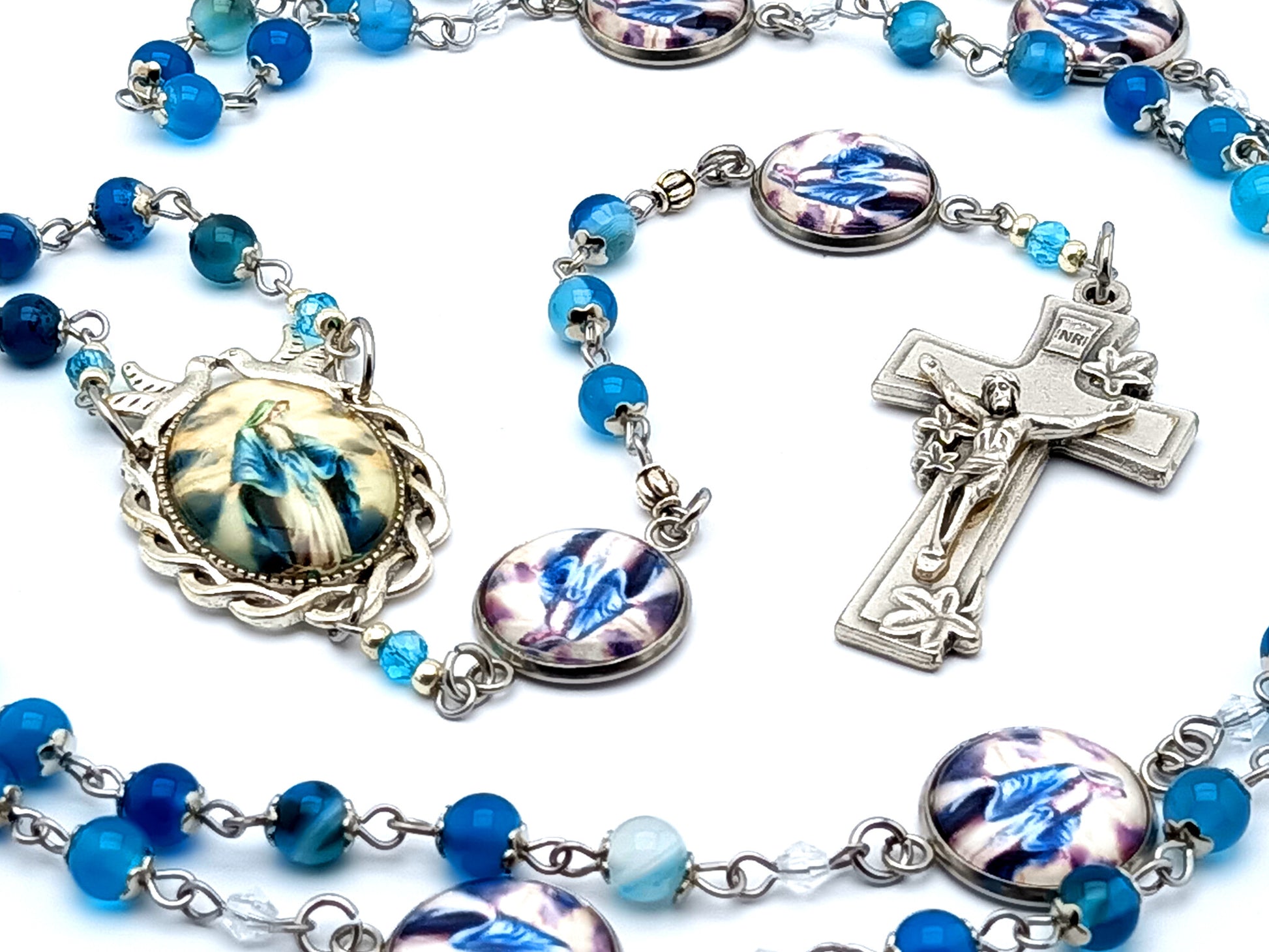 Our Lady of Grace unique rosary beads with agate gemstone  beads and Holy Spirit picture medal and lily of the valley crucifix.