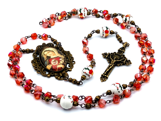 Vintage style Immaculate Heart of Mary unique rosary beads with glass and porcelain beads and brass crucifix.