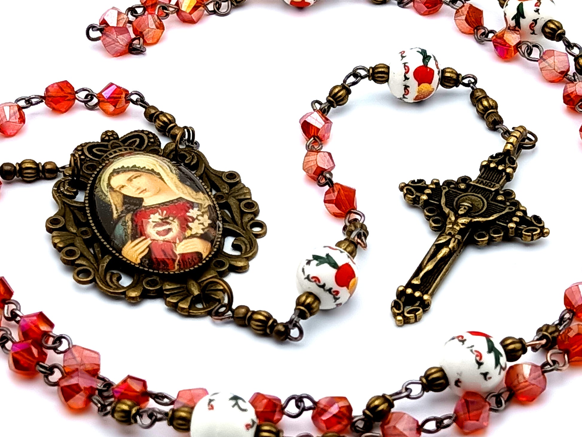 Vintage style Immaculate Heart of Mary unique rosary beads with glass and porcelain beads and brass crucifix.
