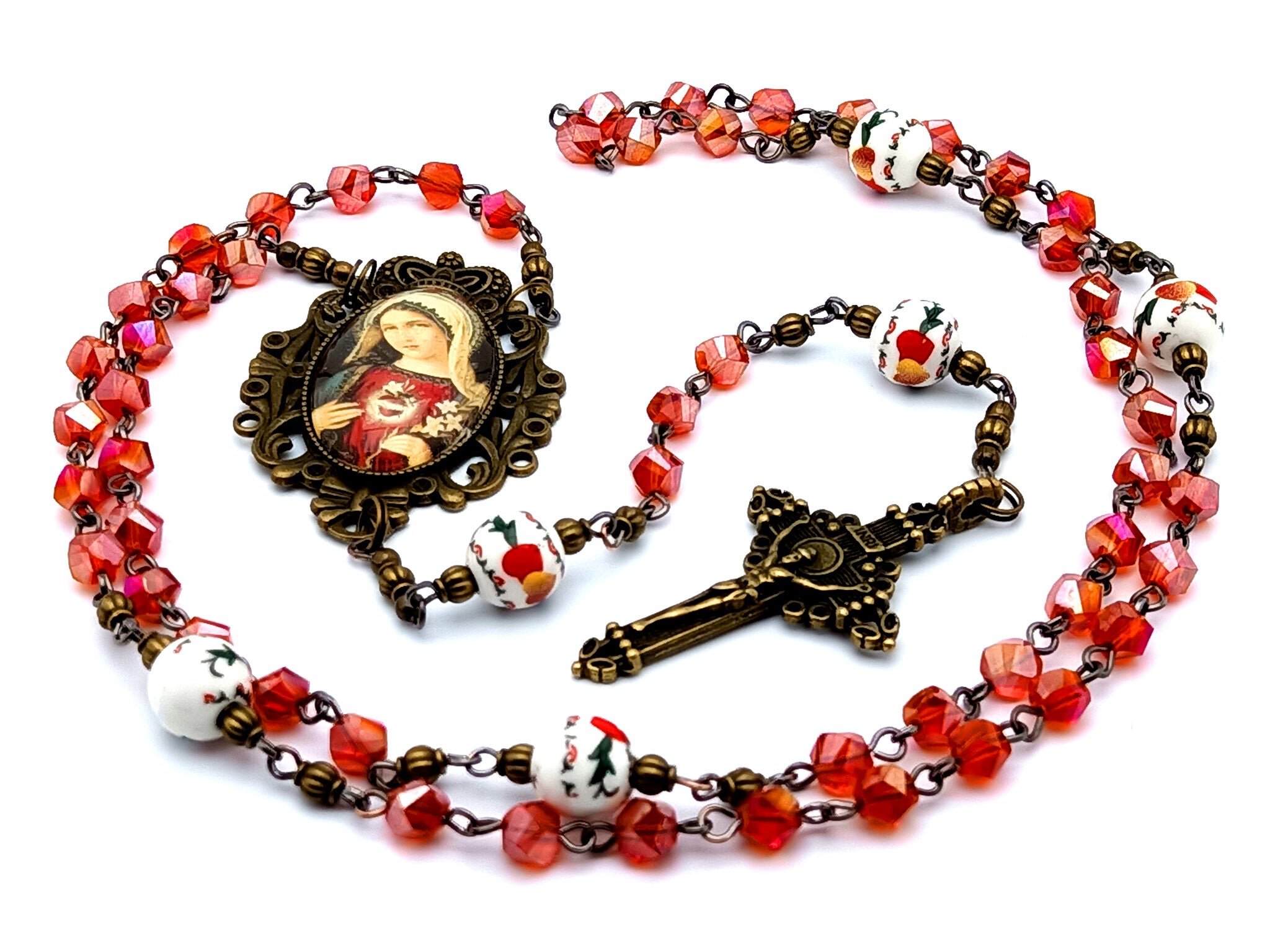 Vintage style Immaculate Heart of Mary glass and porcelain rosary 