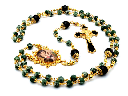 Our Lady of Perpetual Help unique rosary beads with jasper and onyx gemstone beads and Saint Benedict stainless steel crucifix.