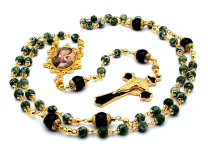 Our Lady of Perpetual Help unique rosary beads with jasper and onyx gemstone beads and Saint Benedict stainless steel crucifix.