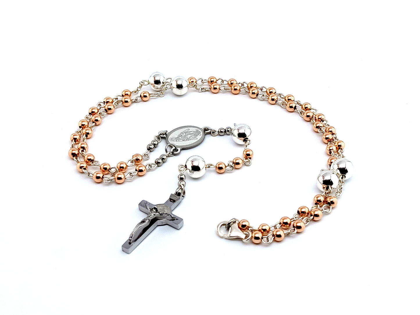 Miraculous medal unique rosary beads rose gold hematite and sterling silver gemstone rosary beads necklace and Saint Benedict stainless steel crucifix.