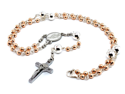 Miraculous medal unique rosary beads rose gold hematite and sterling silver gemstone rosary beads necklace and Saint Benedict stainless steel crucifix.