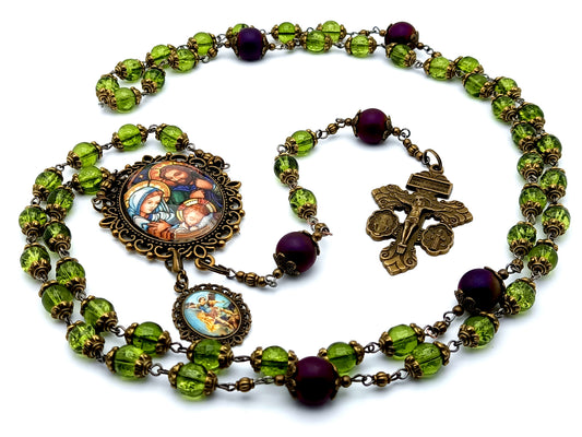 Holy Family unique rosary beads with vintage style glass beads and Saint Michael medal and brass crucifix.