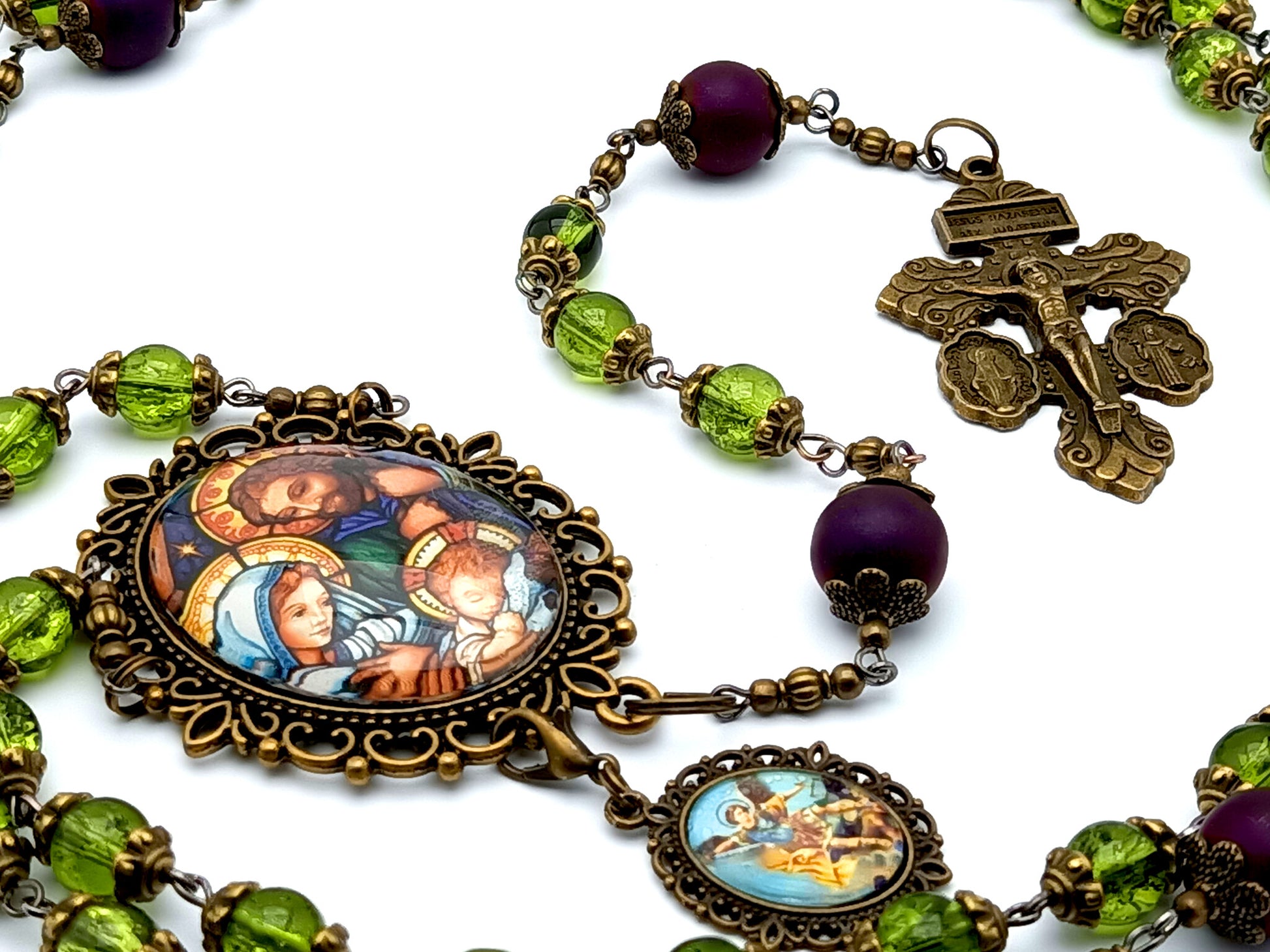 Holy Family unique rosary beads with vintage style glass beads and Saint Michael medal and brass crucifix.