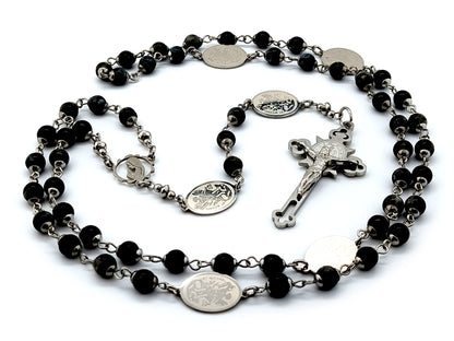 Virgin Mary and Saint Michael unique rosary beads with labradorite gemstone and engraved Saint Michael medals and Saint Benedict stainless steel crucifix.